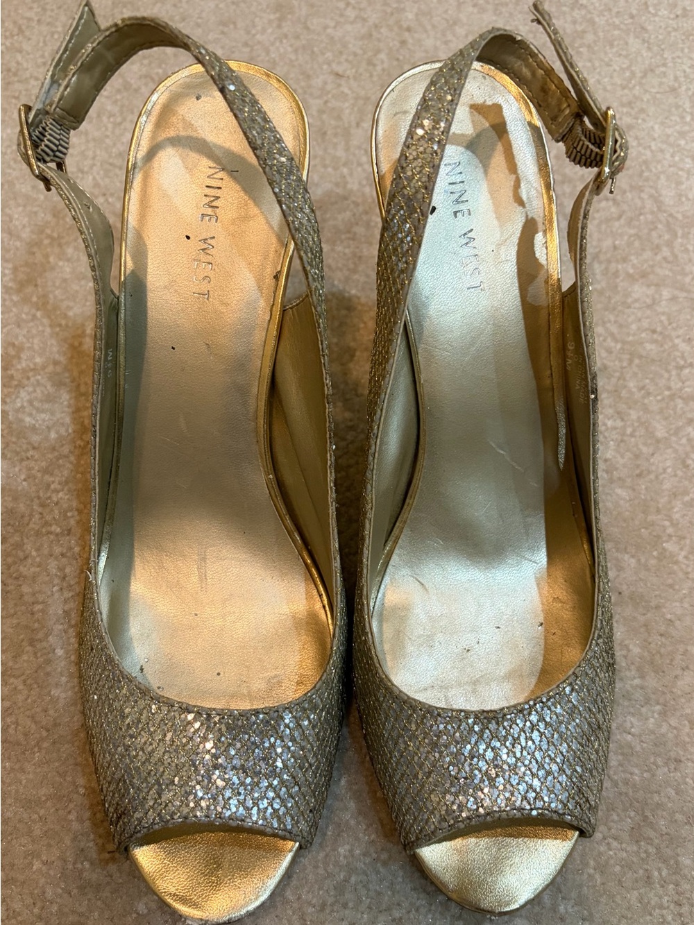 Nine West Gold Glitter Slingback Peep-Toe Heels